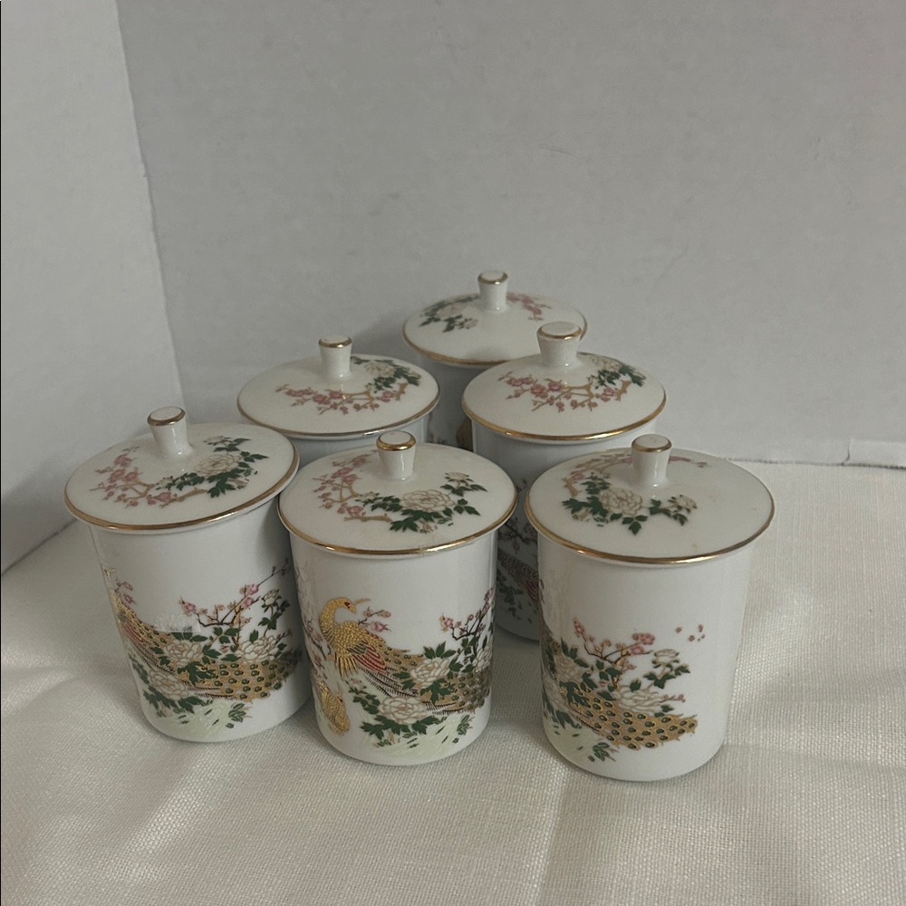 Tatung Handpainted Set of 6 Floral and Bird Design Ceramic Cups. Made in Tawian